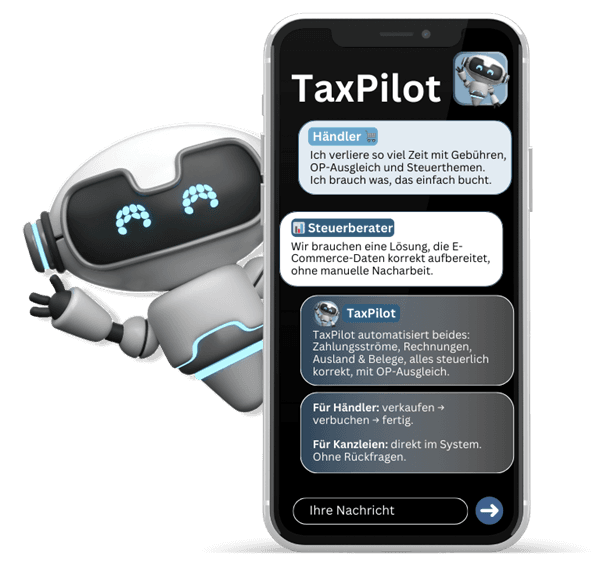 Chatverlauf auf einem Smartphone: Ein Roboter von TaxPilot beantwortet Fragen zur automatisierten Buchhaltung an Händler und Steuerberater.