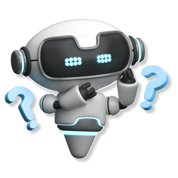 Roboter von TaxPilot mit Fragezeichen als Symbol für die offenen Fragen, die wir auf dem Weg zu automatisierten Eingangsrechnungen noch beantworten.