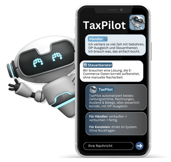 Chat-Verlauf auf einem Smartphone: Ein TaxPilot-Roboter beantwortet typische Fragen während des Onboardings.