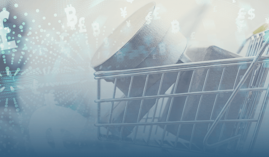 Einkaufswagen im digitalen Datenfluss – Symbol für Onlinehandel und automatisierte Transaktionen.