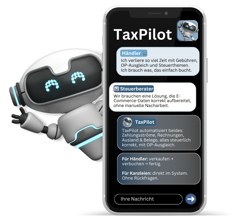 TaxPilot-Chat auf Smartphone: Ein Roboter beantwortet Fragen von Händlern und Steuerberatern zur automatisierten Buchhaltung.