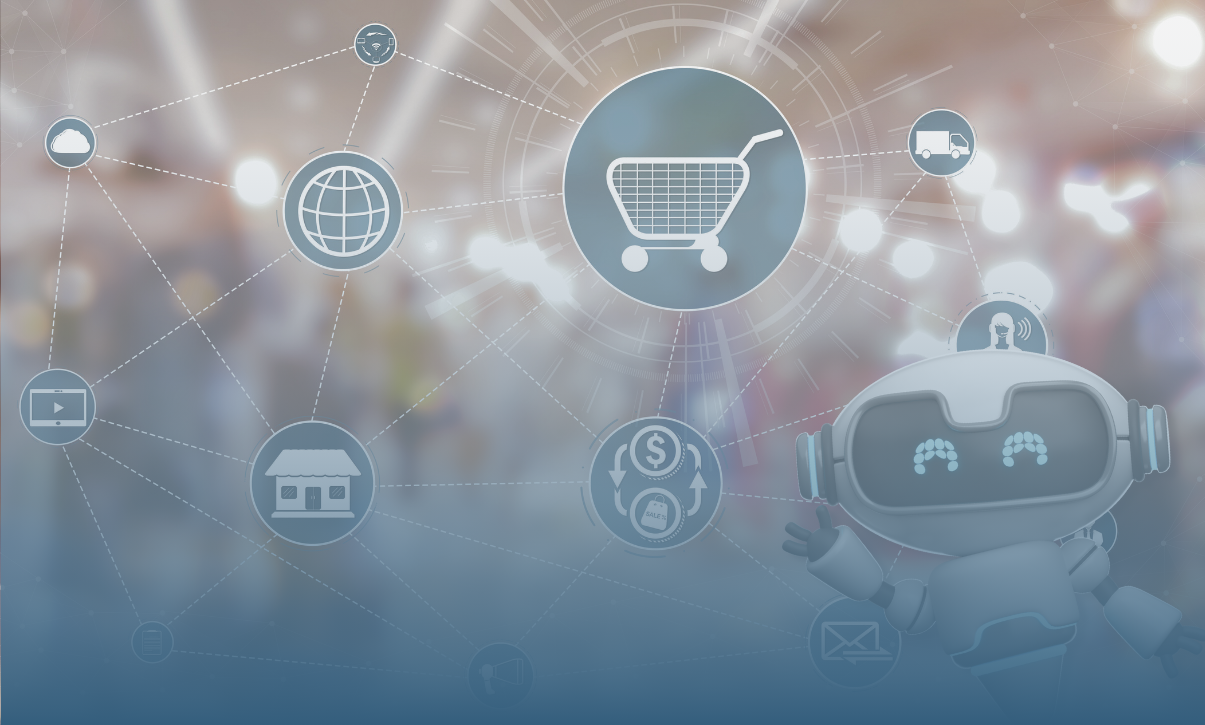 Roboter im Onlinehandel: Symbolbild für digitale Automatisierung mit Einkaufswagen-Symbol und Netzwerksymbolen.