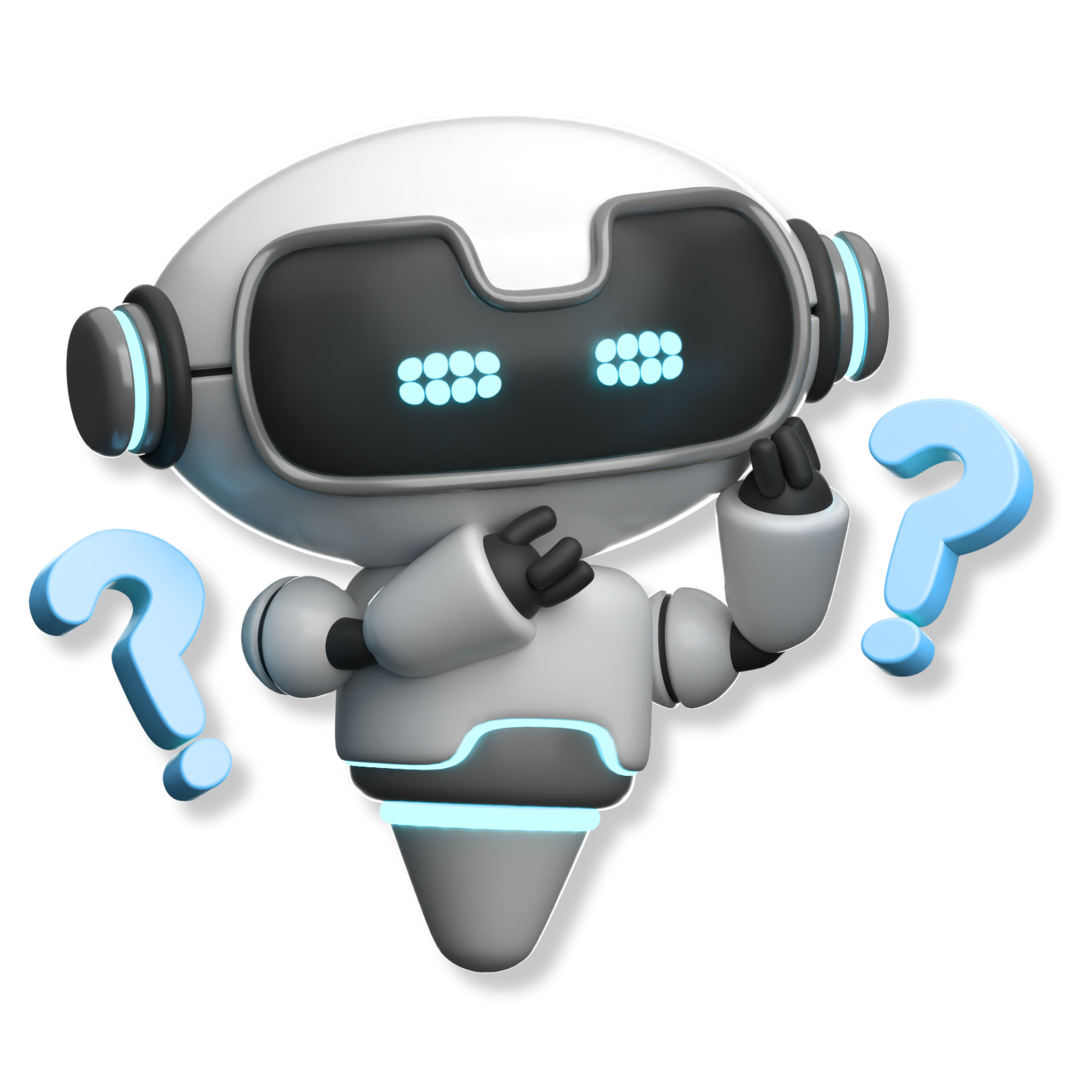 Freundlicher Roboter mit zwei Fragezeichen, Symbol für Fragen, Unklarheiten und Unterstützung.