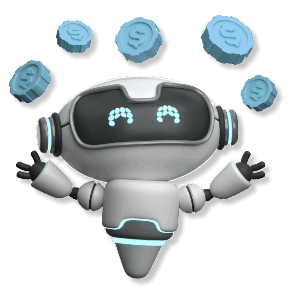TaxPilot-Roboter mit schwebenden Münzen – Symbol für finanzielle Effizienz und Kosteneinsparungen.