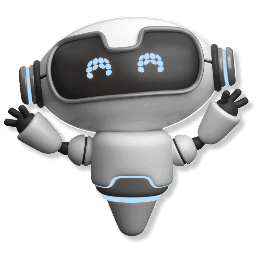 Fröhlicher TaxPilot-Roboter mit erhobenen Armen – Symbol für Erfolg und Begeisterung.