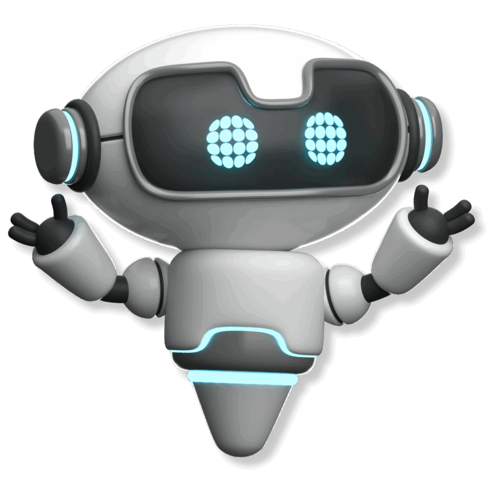 Freundlicher Roboter mit erhobenen Armen, der nach rechts blickt, Symbol für Automatisierung und Unterstützung.