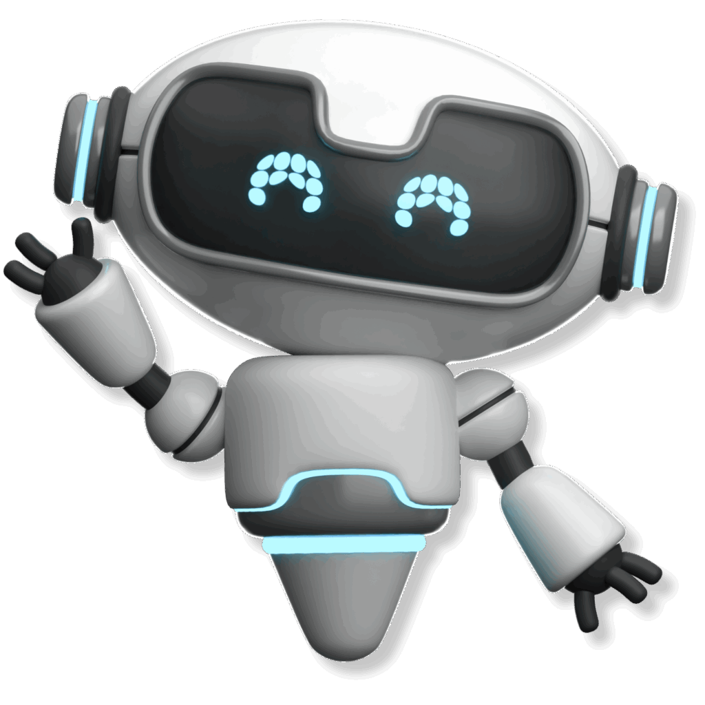 Freundlicher TaxPilot-Roboter lächelt und winkt – Symbol für Unterstützung und Kundenservice.